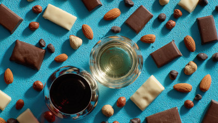 A colorful arrangement of chocolates, nuts, and two glasses of wine on a blue background, showcasing a delightful gourmet tasting scene filled with rich texturesの素材