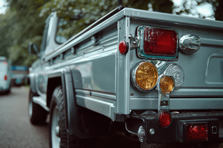 Classic pickup truck features a silver exterior and unique rear lights, parked amidst greenery, highlighting vintage automotive aesthetics and outdoor ambianceの素材