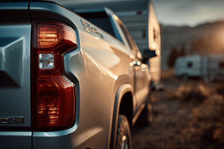 Pickup truck parked in a picturesque outdoor environment, highlighting its modern design and rear lights, with a camper trailer and natural scenery surrounding itの素材