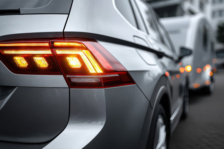 Detailed close-up of gray SUV rear lights glowing in the evening, highlighting modern design and technology with blurred vehicles creating an urban ambianceの素材