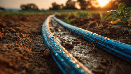 Irrigation hoses are placed on wet soil in a field at sunset, highlighting agricultural techniques and the significance of water conservation in farming practicesの素材