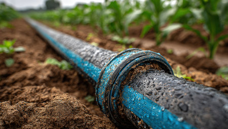 Detailed view of an irrigation pipe in rich soil, with droplets of water on its surface, highlighting agricultural practices and crop growth in a farming environmentの素材