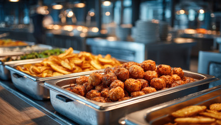A vibrant buffet scene featuring golden fried potatoes and crispy meatballs in stainless steel trays, highlighting the culinary presentation and inviting dining experienceの素材