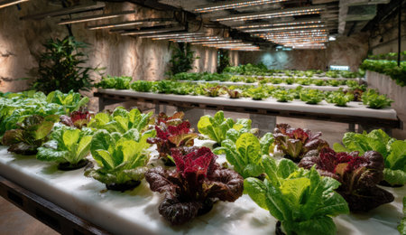 Indoor hydroponic farm features rows of lush green and red lettuce, illuminated by artificial lights, creating a sustainable and innovative agricultural atmosphereの素材