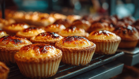 Delicious pastries cooling on a rack, featuring golden crusts and glossy surfaces, creating a warm and inviting ambiance in a charming bakery settingの素材