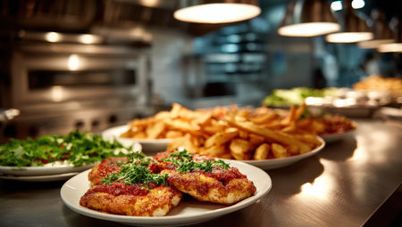 Fried fish fillets garnished with herbs, served with crispy fries and fresh salad in a vibrant restaurant kitchen, highlighting the art of food preparationの素材