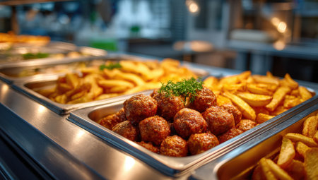 Appetizing meatballs paired with crispy fries in a lively food setting, highlighting vibrant colors and textures that entice diners to enjoy a hearty mealの素材