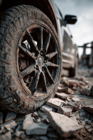 Close-up of a muddy tire on an off-road vehicle, positioned on rocky ground, highlighting the rugged texture and durability of the tire in outdoor adventuresの素材
