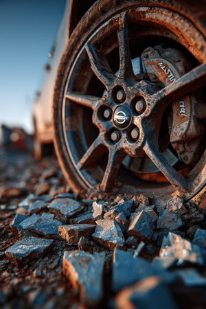 Detailed close-up of a muddy car wheel on rocky ground, emphasizing the tire's texture and brake system, capturing the essence of off-road adventuresの素材