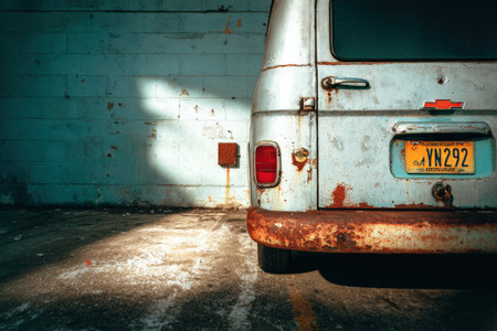 Rusty vintage Chevrolet van is parked against a textured wall, highlighting its weathered paint and nostalgic appeal in an urban setting with natural lightの素材