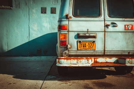 Classic van with rusted details parked near a blue wall, highlighting urban textures and the passage of time, evoking feelings of nostalgia and adventureの素材