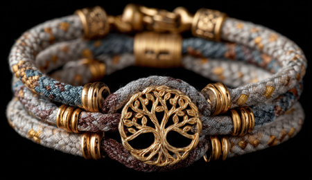 Beautiful bracelet with tree of life motif, made from woven threads and gold elements, highlighting exquisite craftsmanship and artistic flair in jewelry creationの素材