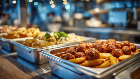 Freshly prepared meatballs and roasted potatoes displayed in stainless steel trays, highlighting vibrant colors and textures in a lively kitchen atmosphereの素材
