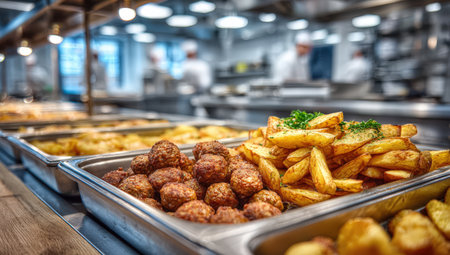 Meatballs and crispy fries displayed in trays, highlighting a vibrant kitchen atmosphere with chefs actively cooking and preparing food for guestsの素材