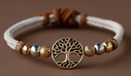 Beautiful bracelet with a tree of life charm and metallic beads, displayed on a soft brown background, highlighting unique textures and artisanal qualityの素材
