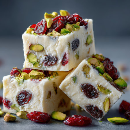 Creamy fudge dessert with cranberries and pistachios, artfully stacked on a dark surface, highlighting the textures and vibrant colors of this indulgent treatの素材
