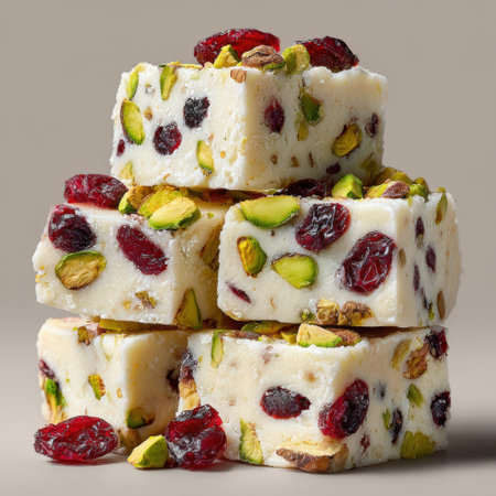 A visually appealing stack of nougat cubes featuring pistachios and cranberries, highlighting rich textures and colors, ideal for holiday gatherings or gourmet indulgenceの素材
