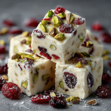 Creamy fudge cubes adorned with pistachios and cranberries, artfully stacked on a textured surface, creating an inviting and delectable dessert displayの素材