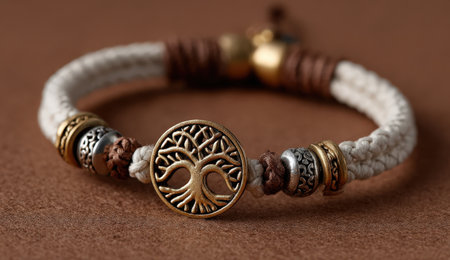 Unique handmade bracelet with tree of life charm, crafted from natural fibers and metal accents, highlighting artistry and style in jewelry designの素材