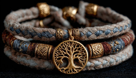 Handmade bracelet with braided threads and golden tree of life pendant, highlighting intricate craftsmanship and artistic design, perfect for fashion enthusiasts and jewelry loversの素材