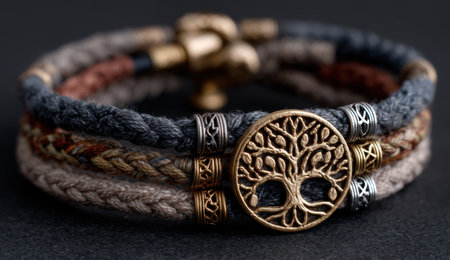 Braided bracelets with a tree of life charm, highlighting unique textures and colors, ideal for bohemian fashion and personal style, emphasizing creativity and individualityの素材