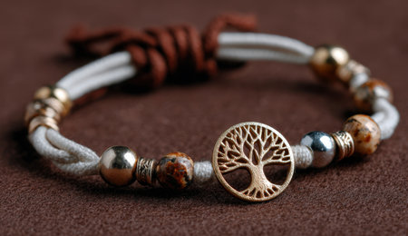Beautiful bracelet with tree of life charm, made from natural stones and soft cords, displayed on textured brown background, representing harmony and natureの素材