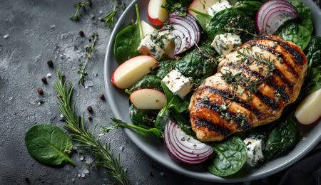 Grilled chicken breast on a plate with vibrant spinach, red onion, apple slices, and feta cheese, garnished with herbs, highlighting a nutritious dining experienceの素材