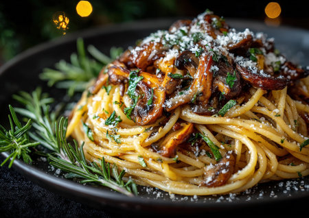 Plate of spaghetti with sauteed mushrooms and fresh herbs, garnished with cheese, set against a dark background with warm bokeh lights creating a cozy atmosphereの素材