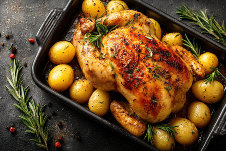 Whole roasted chicken with crispy skin, garnished with herbs, accompanied by golden baby potatoes in a dark baking dish, creating an inviting culinary sceneの素材