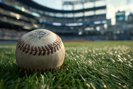 Close-up of a baseball on grass in a stadium, with a blurred crowd and field behind, showcasing the excitement and energy of a live sporting eventの素材