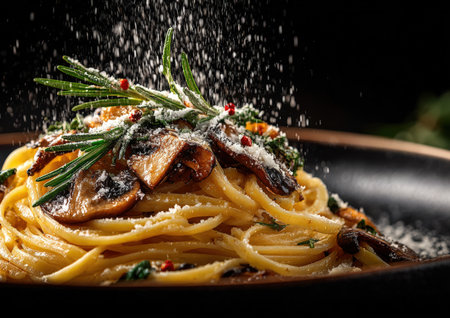 Plate of spaghetti adorned with sauteed mushrooms, fresh herbs, and grated cheese, highlighting culinary skill and rich textures in a dramatic dark ambianceの素材