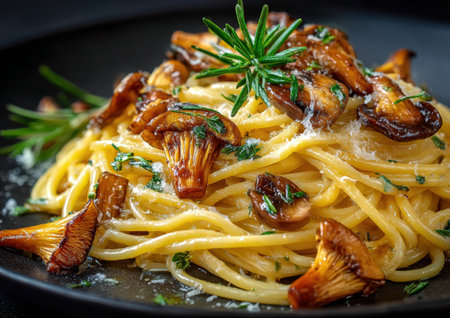 Gourmet spaghetti dish featuring sauteed mushrooms and fresh herbs, beautifully plated to highlight textures and colors, perfect for food enthusiasts and culinary presentationsの素材