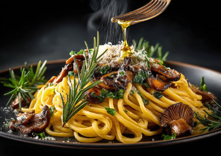 Gourmet pasta dish featuring sauteed mushrooms and fresh herbs, drizzled with olive oil, highlighting culinary skills and vibrant colors in an elegant presentationの素材