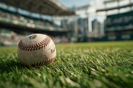 A baseball lies on vibrant grass in a stadium, capturing the essence of game day with blurred stands and the thrill of sportsmanship surrounding itの素材