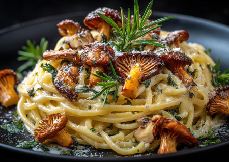 Gourmet spaghetti dish featuring sauteed mushrooms, fresh herbs, and grated cheese, beautifully arranged on a black plate, highlighting culinary artistry and flavorの素材