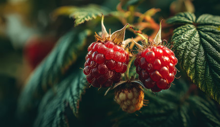 Fresh red raspberries nestled among green leaves, displaying rich colors and textures, capturing the essence of nature's bounty in a serene garden environmentの素材