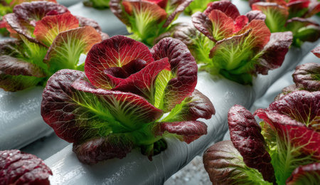 Lush red and green lettuce thriving in a hydroponic setup, highlighting modern farming methods and the beauty of nature in a controlled environmentの素材