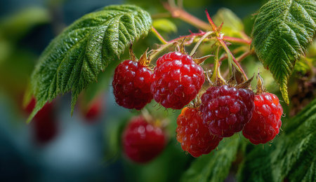 Ripe red raspberries are nestled among green leaves, glistening with morning dew, highlighting their freshness and appeal in a natural garden environmentの素材