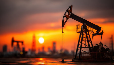 Silhouetted oil pump jacks against a stunning sunset, highlighting industrial machinery in an oil field, with dramatic clouds and a distant city skyline creating an atmospheric sceneの素材