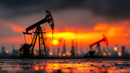 Silhouetted oil pump jacks against a colorful sunset, reflecting on wet ground, creating an industrial scene with blurred lights in the backgroundの素材