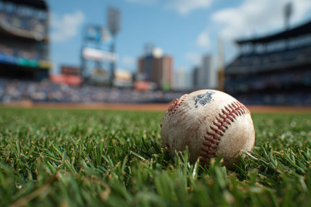 Baseball positioned on vibrant grass in stadium, with blurred audience and urban skyline behind, illustrating the thrill of outdoor sports and community engagementの素材
