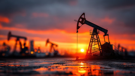 Silhouetted oil pump jack against a stunning sunset, with additional pumps in the background, highlighting the energy sector's influence on landscapes and economiesの素材