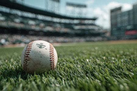 A weathered baseball lies on vibrant green grass in a stadium, showcasing the spirit of outdoor sports and the thrill of the game in a lively environmentの素材