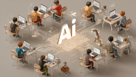 Diverse group of children focused on learning artificial intelligence, using laptops and creative tools, showcasing a collaborative educational environment and technological advancementの素材