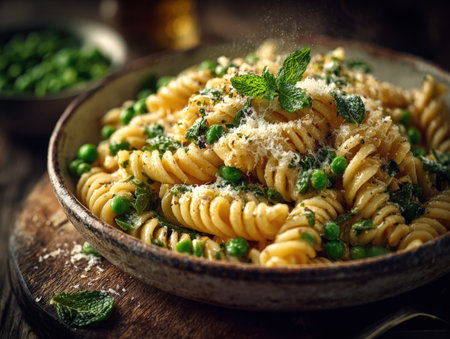 Tasty pasta dish with spiral noodles, fresh peas, and mint leaves, garnished with cheese, presented in a rustic bowl on a wooden surface, highlighting food presentationの素材