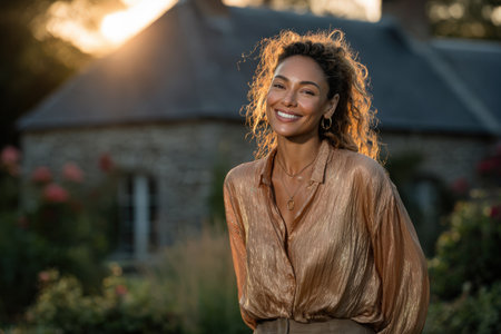 Joyful woman with curly hair, dressed in a golden blouse, stands in a lush garden during sunset, surrounded by blooming flowers, creating a vibrant atmosphereの素材