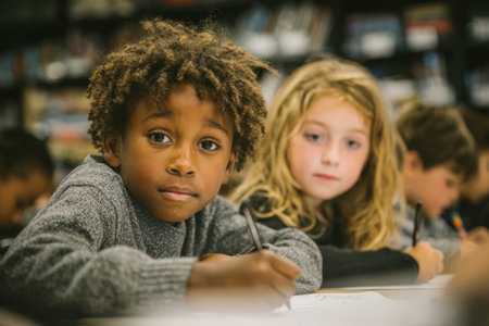 African american boy and girl are focused on drawing in classroom, surrounded by peers, highlighting creativity and teamwork in a vibrant learning atmosphereの素材