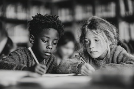 Two children, an African American boy and a Caucasian girl, are engaged in drawing activities in a library, surrounded by books and fostering creativity and teamworkの素材