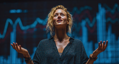Female presenter passionately discusses financial trends on stage, with dynamic digital graphs and charts in the background, creating an engaging atmosphere for the audienceの素材