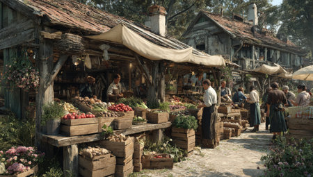 Outdoor market bustling with activity, featuring wooden stalls overflowing with colorful produce, surrounded by shoppers and vendors, creating a lively community atmosphereの素材